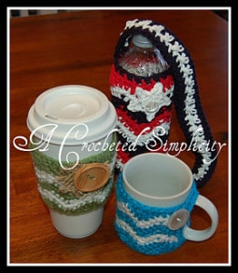 "Chasing Chevrons" Cozies: Coffee Mug, Coffee Sleeve & Water Bottle by Jennifer Pionk's Ravelry Store "Chasing Chevrons" Cozies: Coffee Mug, Coffee Sleeve & Water Bottle by Jennifer Pionk's Ravelry Store